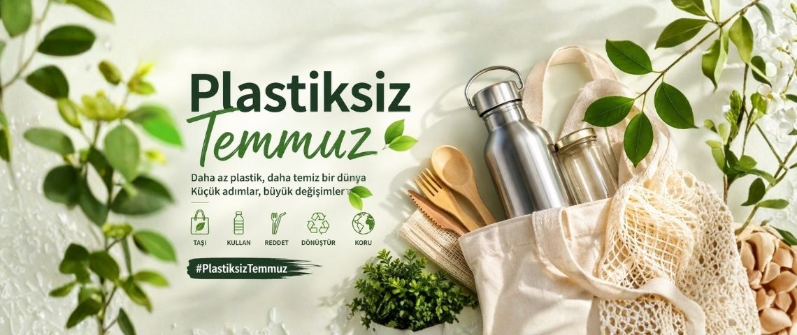 Plastiksiz Temmuz için bez çanta, matara, cam kavanoz ve yeniden kullanılabilir ürünlerle sürdürülebilir yaşamı simgeleyen görsel