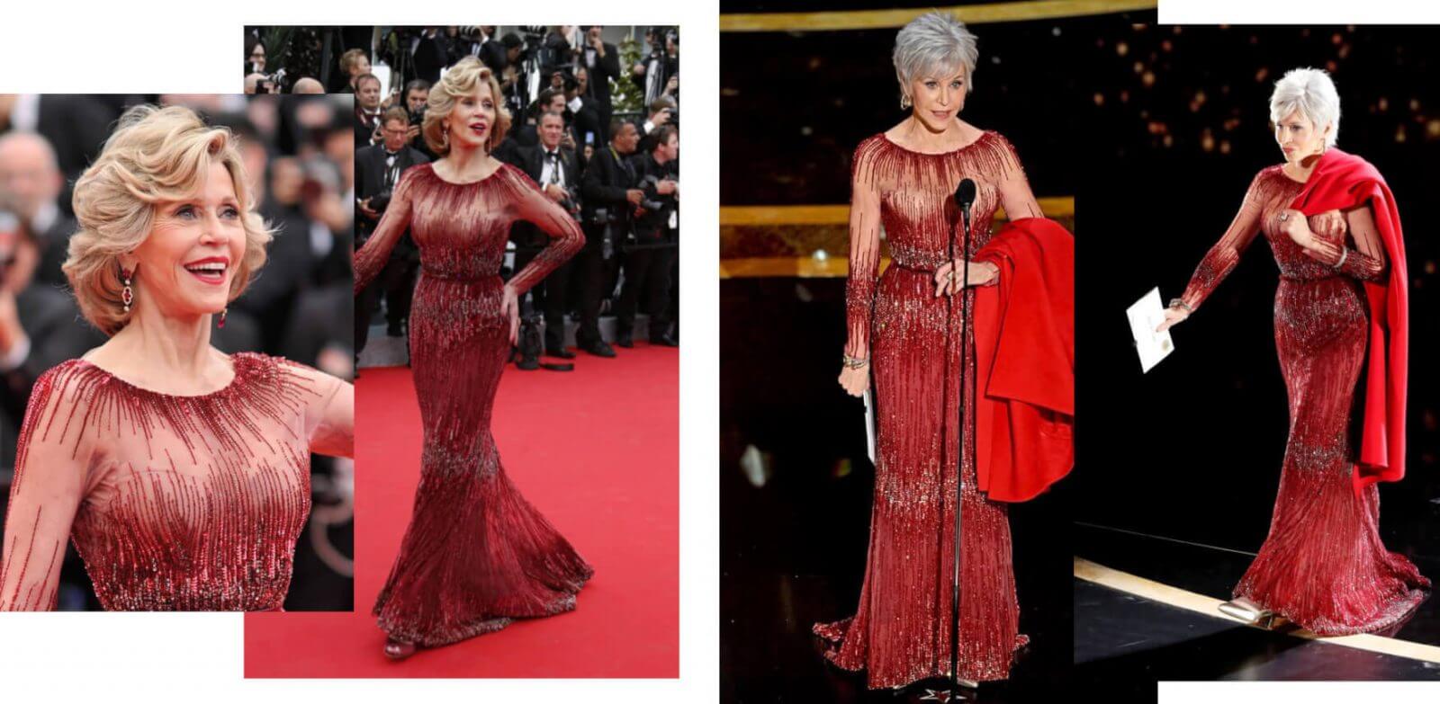 Sürdürülebilir kırmızı halı stili Jane Fonda
