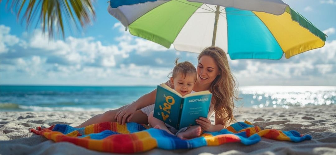plajda çocuğuna kitap okuyan anne